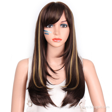 Vigorous Long Silky Straight Dark Brown Highlight Heat Resistant Smooth Synthetic Wig with Inclined Bangs for Women